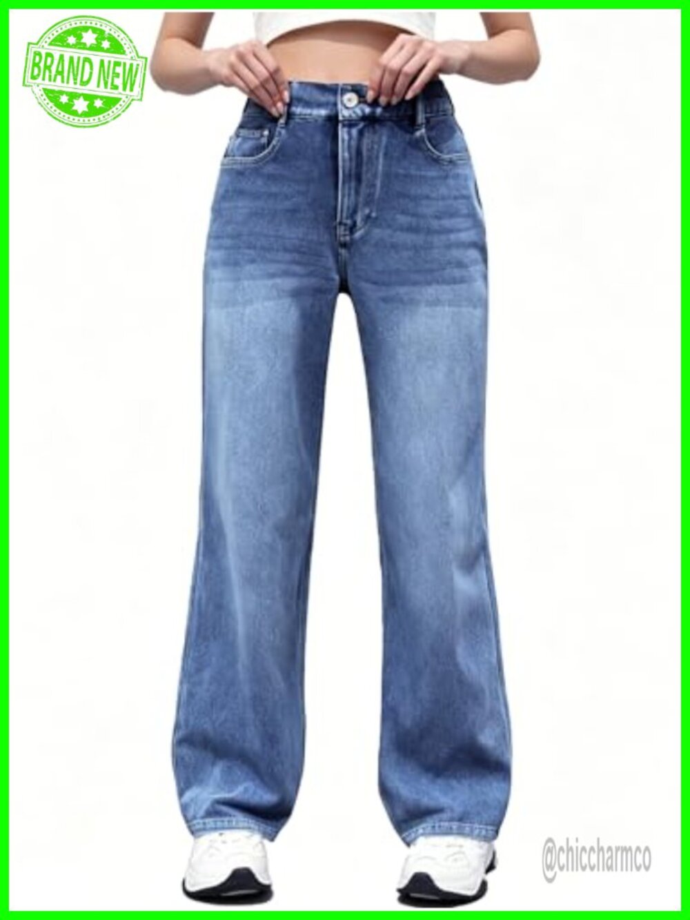 High Waisted Pull On Wide Leg Sweatpant Jeans Stretchy Straight Leg